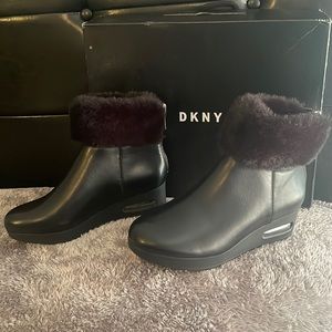 DKNY Abri Wedge Booties in Black Faux Leather
